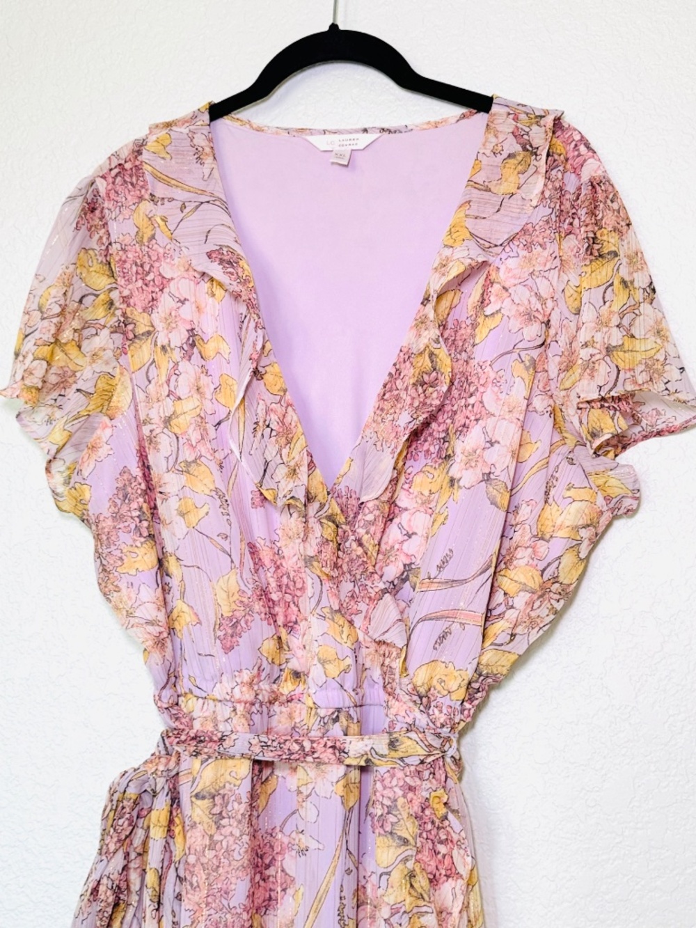 LC Lauren Conrad Dress XXL Ruffle Neck Flutter Pink Floral Romantic Feminine - Picture 3 of 9